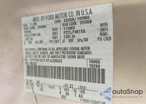 1999 Ford Ranger Xl/Xlt из США, поврежденный, VIN 1FTYR10V1XTA28862